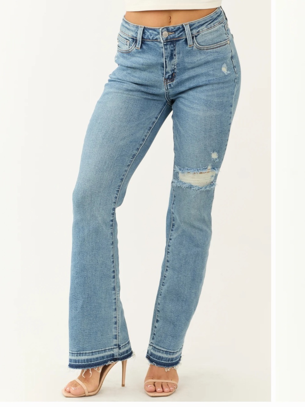 Judy Blue Distressed Bootcut Jeans Frayed Hem Medium Wash Mid Rise Size 5/27